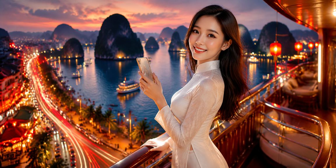 Người dùng chơi casino trên điện thoại di động tại Vịnh Hạ Long với trang phục áo dài